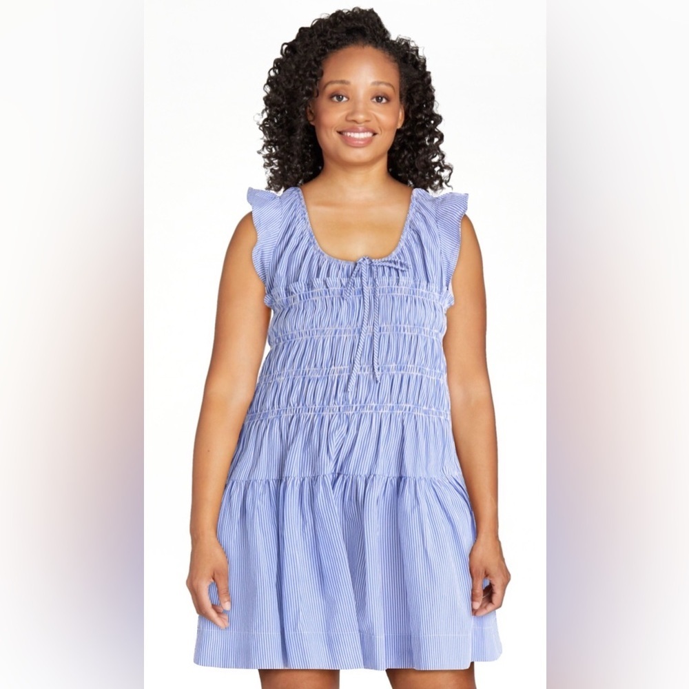 Free Assembly Dress Women's Size Medium Blue White Striped Smocked And Layered